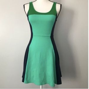 Express Color Block Fit & Flare Dress Green Teal